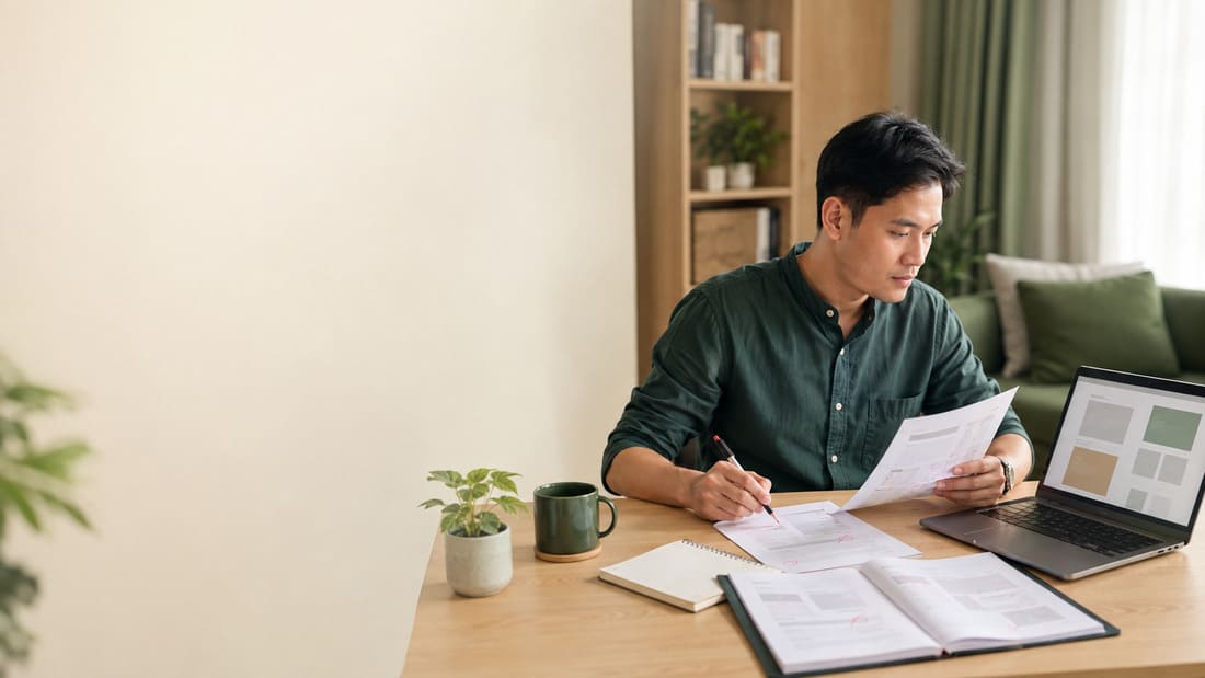 Malaysian editor reviewing an article draft with research notes and source materials at a home-office desk