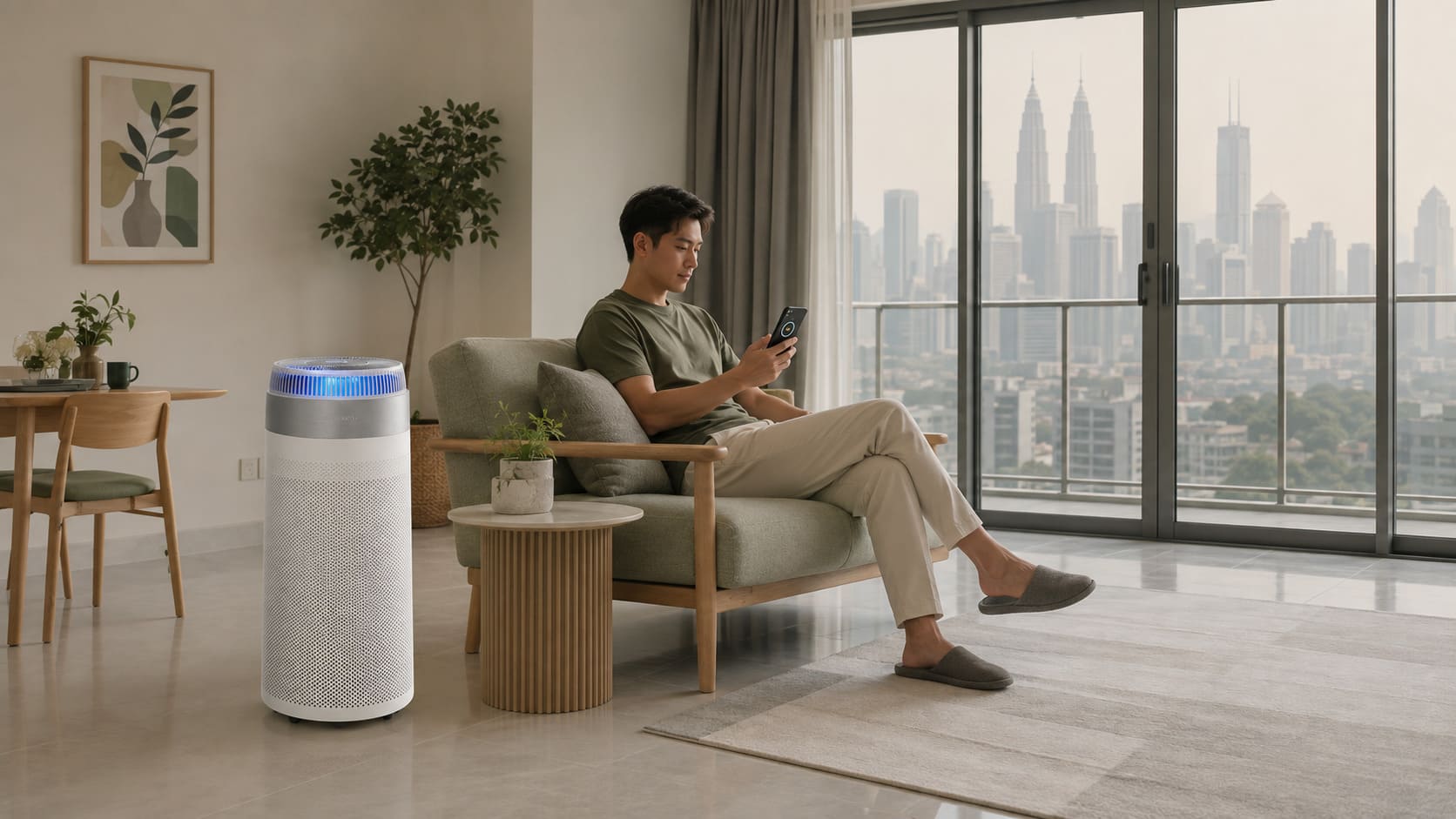 Air purifier operating beside closed windows during haze in a Malaysian condo