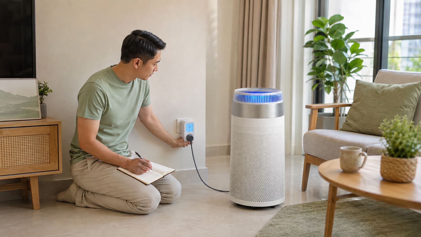 Malaysian homeowner checking an air purifier electricity reading with a plug-in energy meter