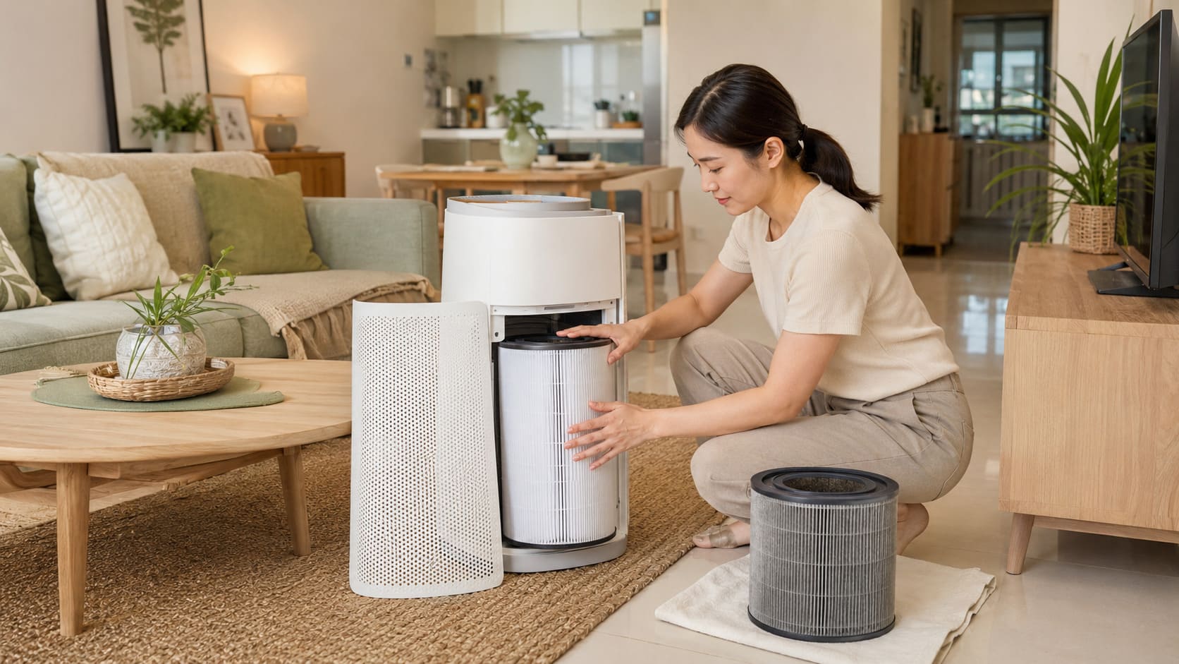 Malaysian homeowner replacing the filter in an unbranded air purifier