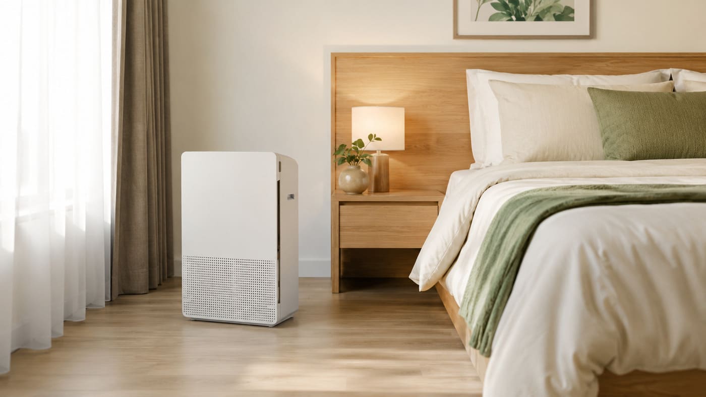 Air purifier placed with clear airflow beside a Malaysian bedroom sleeping area
