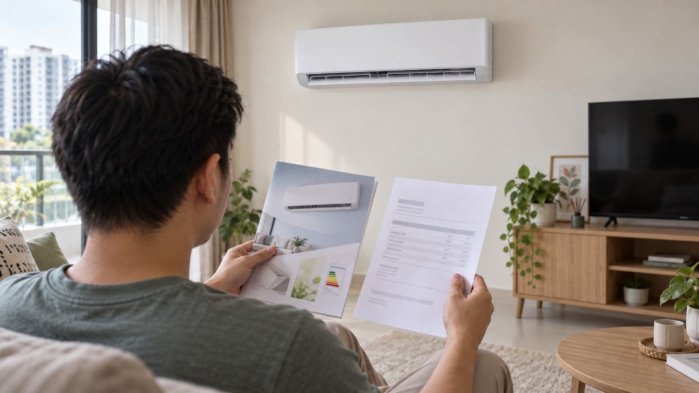 Homeowner comparing an air-conditioner brochure and quotation in a living room.