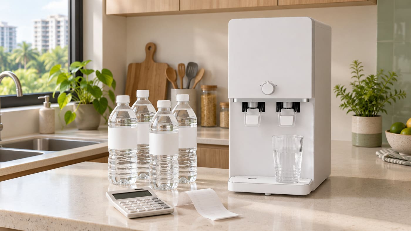 Bottled water and a countertop purifier beside a calculator and receipt.