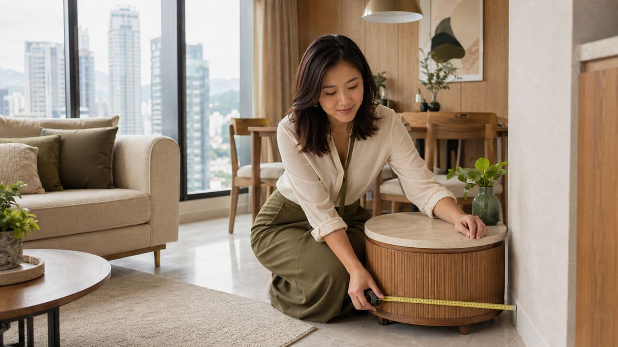 Alicia Lee considering appliance placement in a condominium