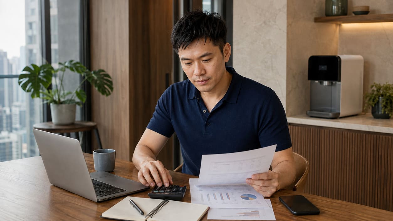 Daniel Wong reviewing household costs and product information