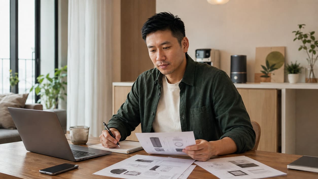 Jason Lim reviewing household appliance information at a table