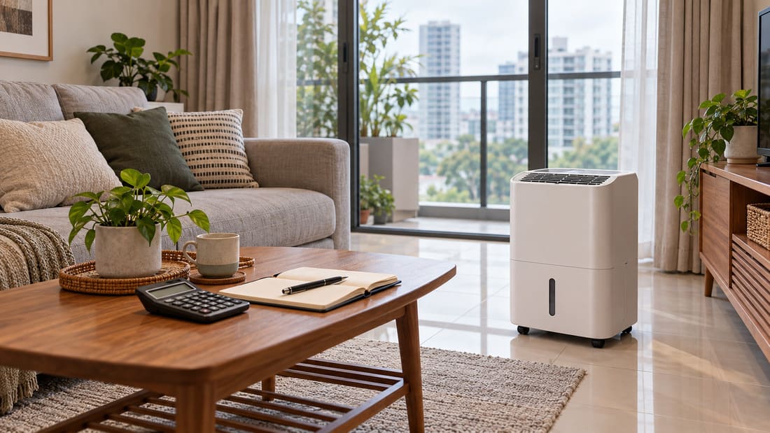 Portable dehumidifier beside a table with a calculator and notebook.