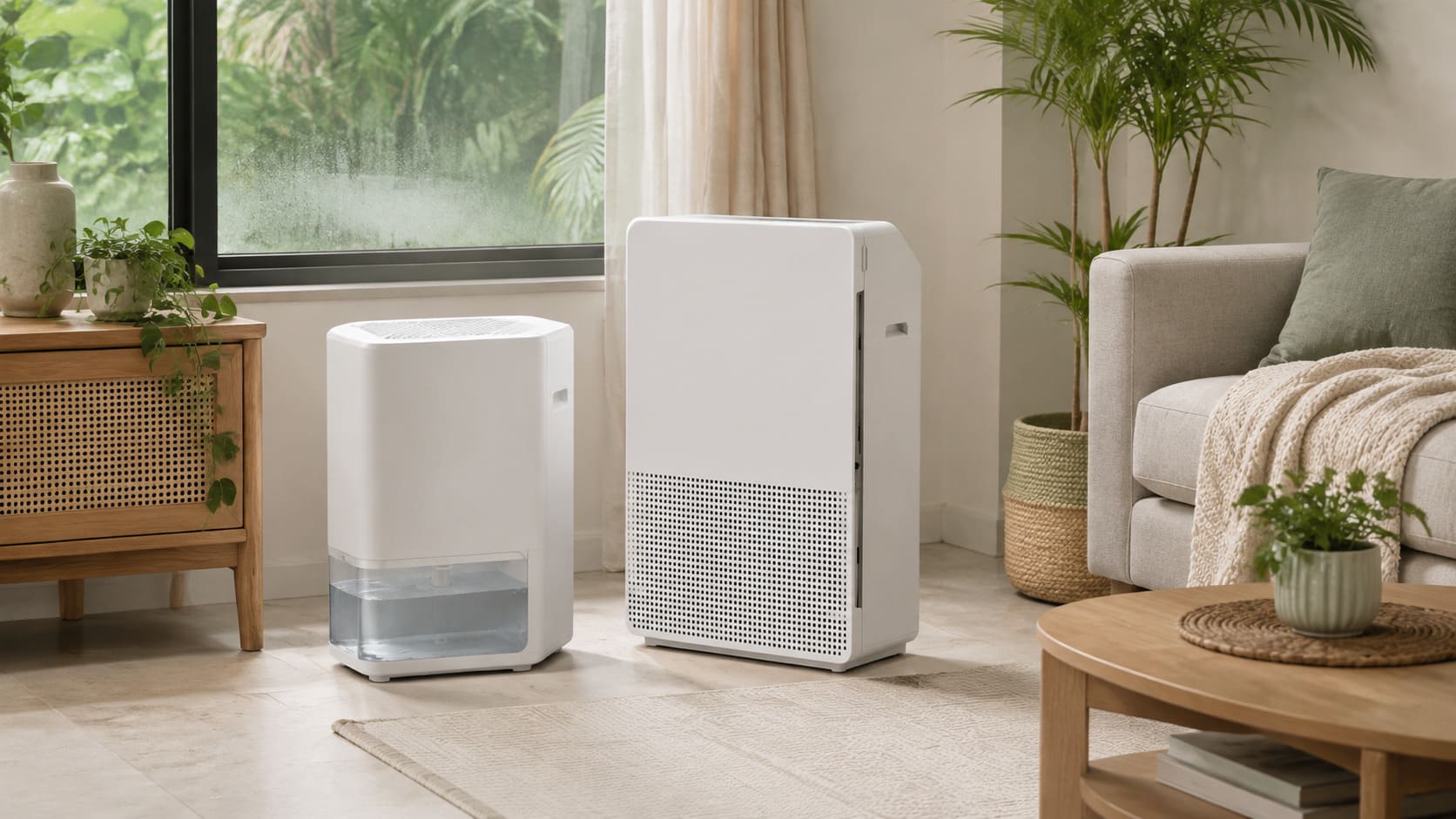 Unbranded dehumidifier and air purifier compared in a bright Malaysian condominium living room