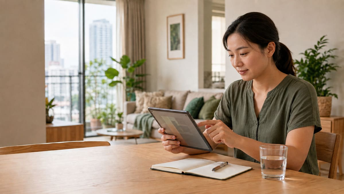 Malaysian reader browsing practical household guides on a tablet in a bright condominium