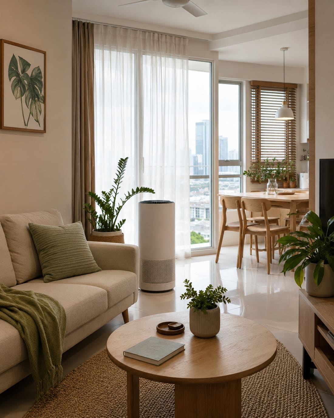 Bright modern Malaysian condominium living room with warm neutral furnishings and tropical greenery