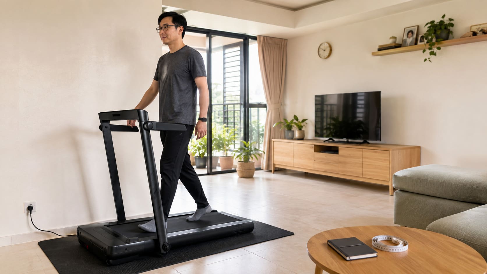 Malaysian adult testing a compact treadmill in a condo living room