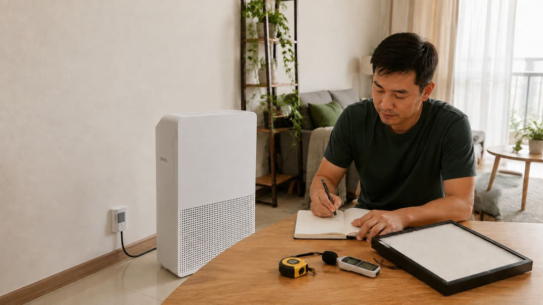 Malaysian household reviewer taking notes while evaluating an unbranded air purifier in a condominium living room