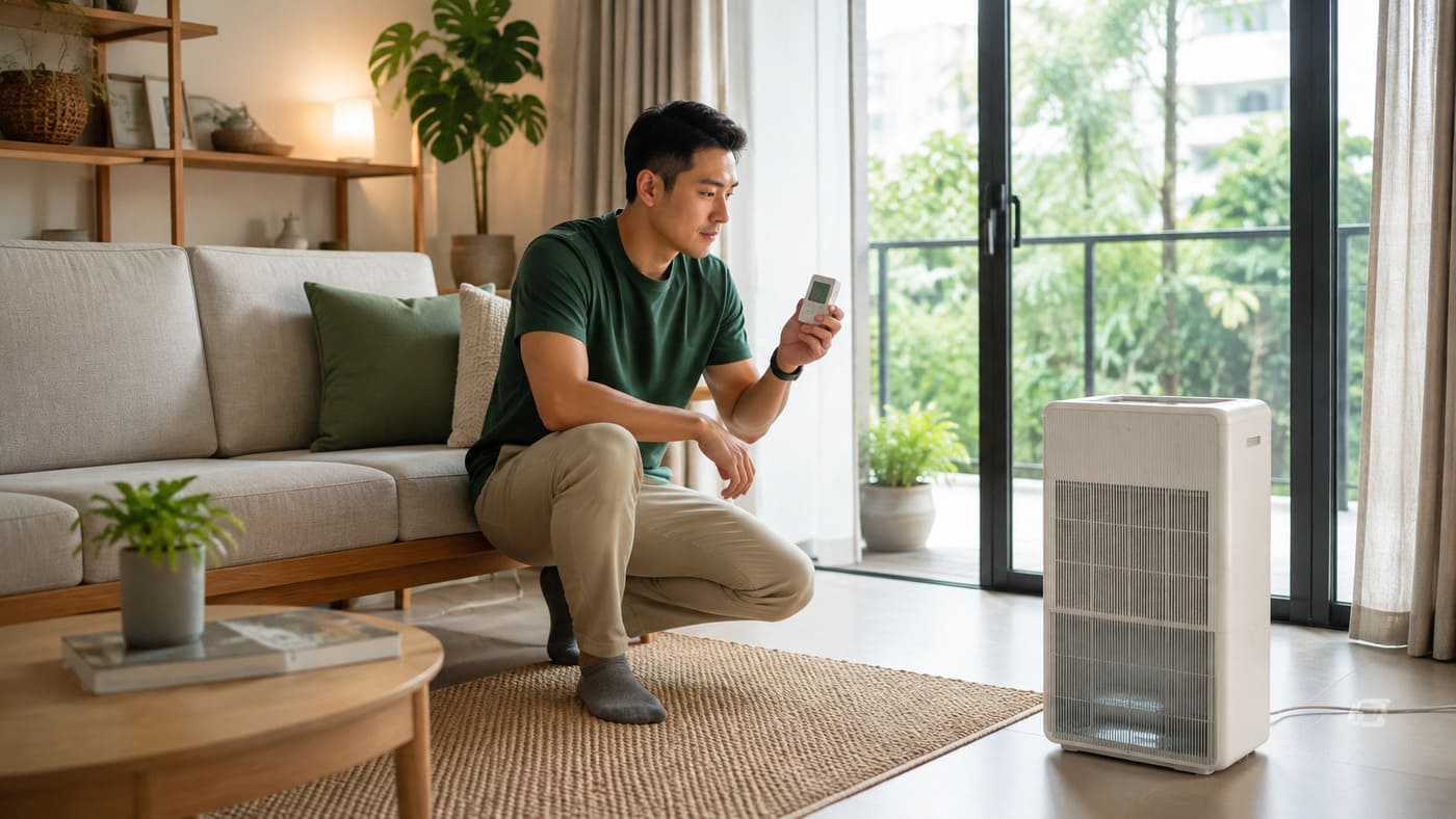 Compact dehumidifier operating in a humid Malaysian condominium room