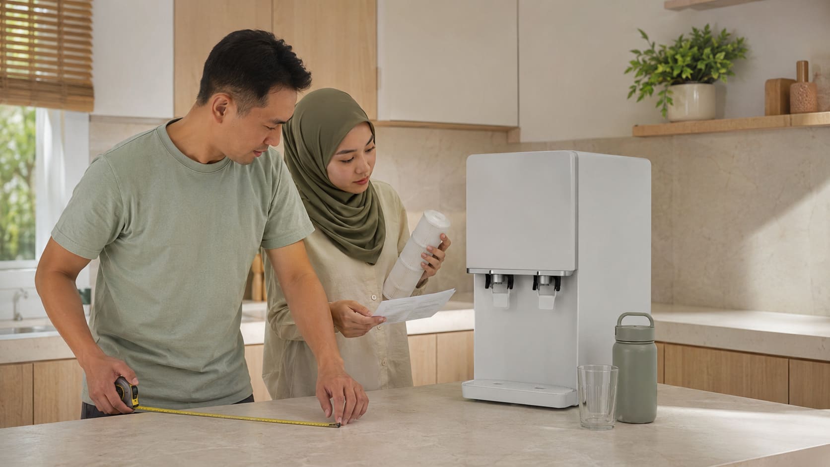 Malaysian couple comparing water purifier features and installation space at home