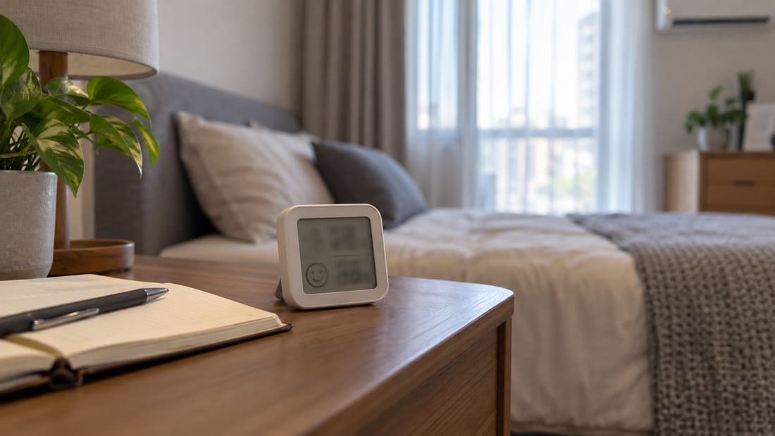 Digital hygrometer beside a notebook on a bedside table.