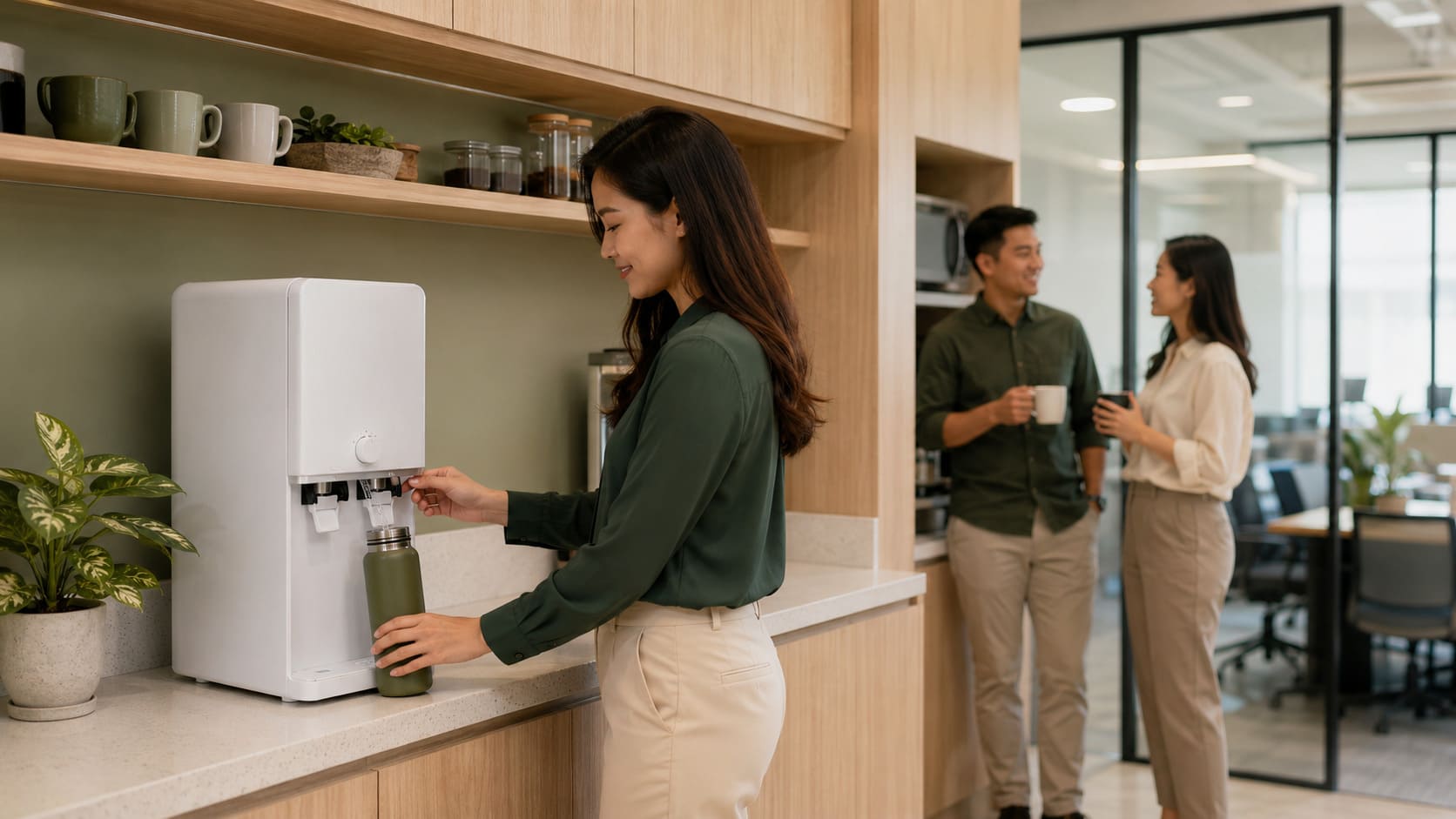 Employee filling a reusable bottle from a water purifier in a Malaysian office pantry