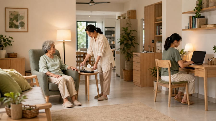 Three generations of a Malaysian family sharing an accessible and organised living room