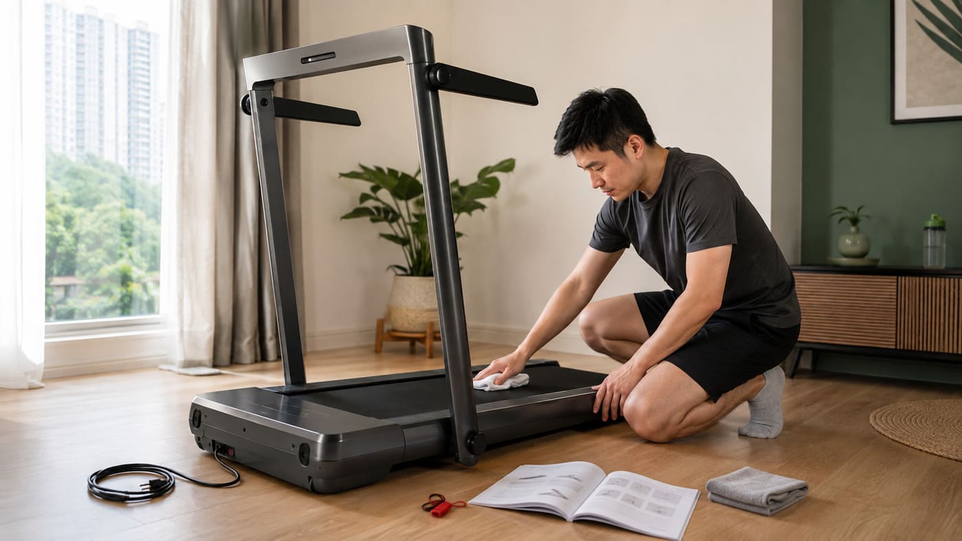 Malaysian homeowner performing routine exterior checks on a home treadmill