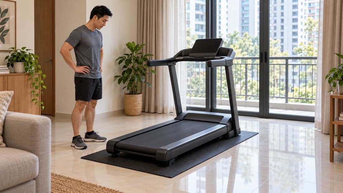 Homeowner checking a treadmill standing on an equipment mat in a condo.