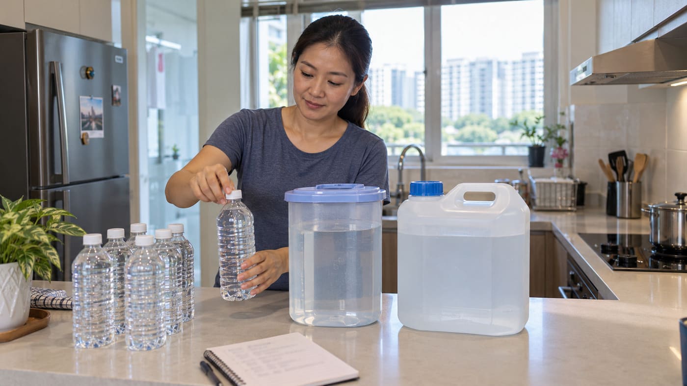 Person arranging water bottles and storage containers on a kitchen counter.