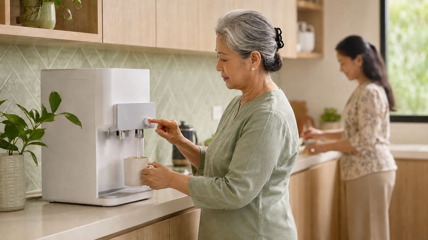 Older Malaysian woman comfortably using a water purifier with clear controls