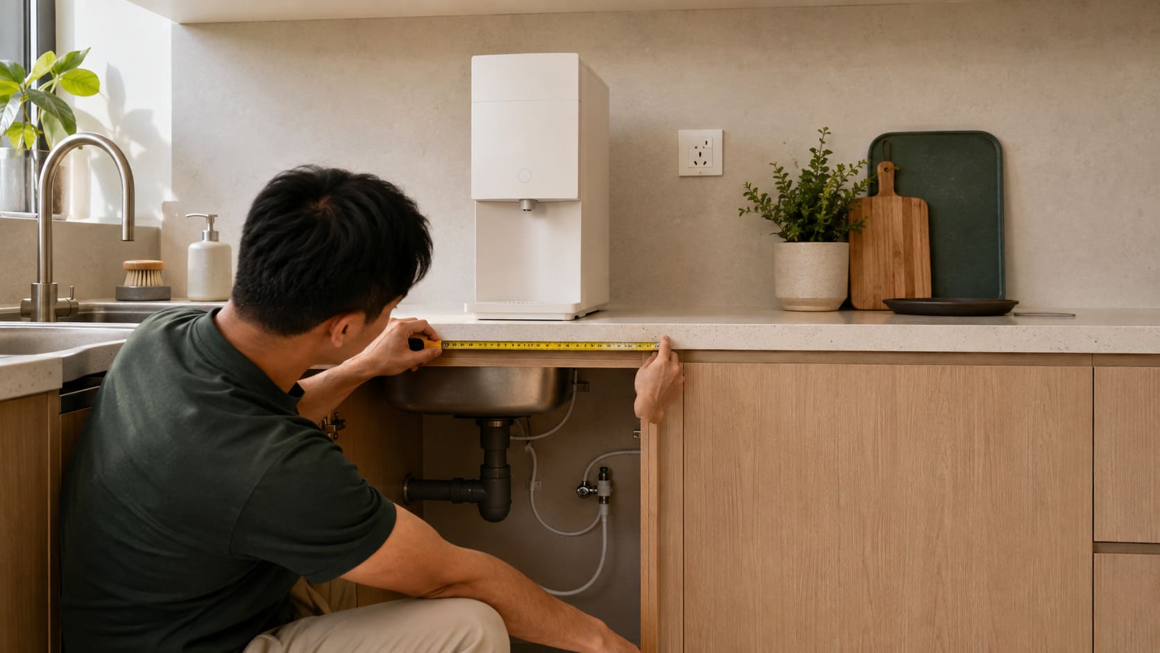 Malaysian homeowner checking kitchen counter space and connections before water purifier installation