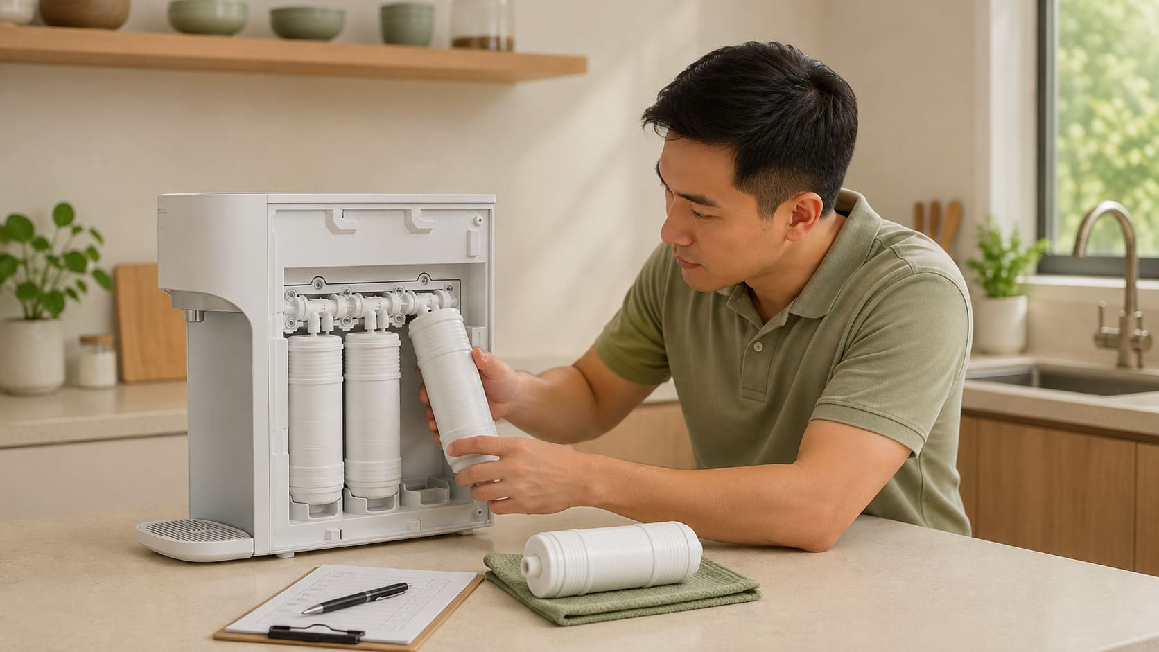 Replacing a water purifier filter during routine maintenance in a Malaysian kitchen