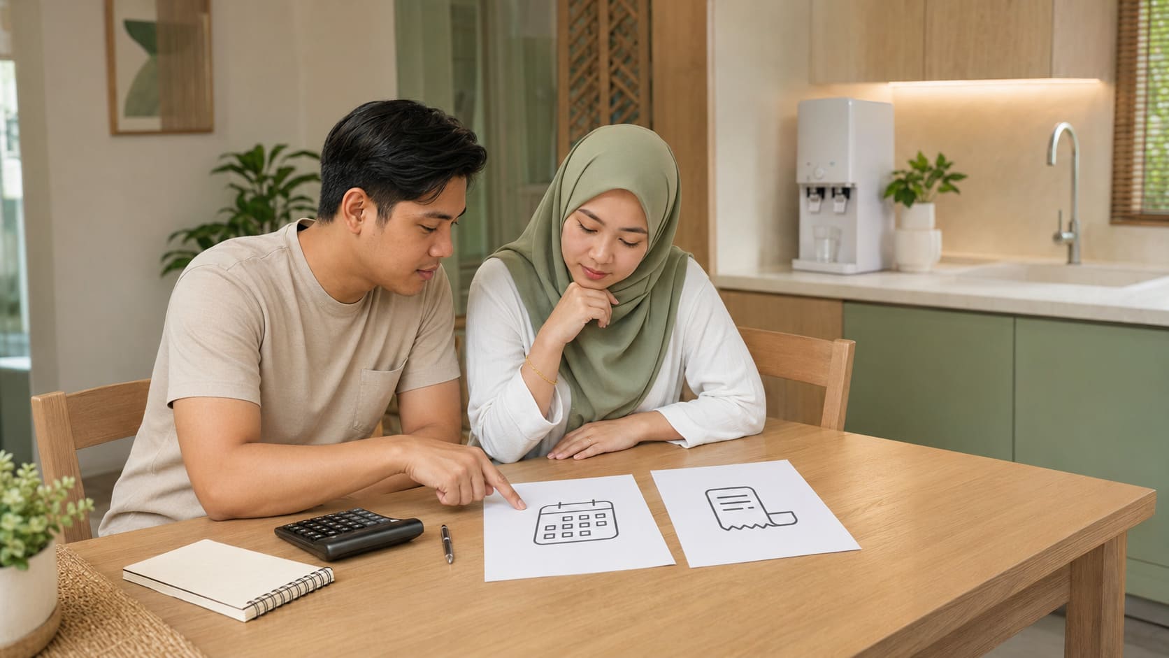 Malaysian couple comparing water purifier rental and purchase costs at home