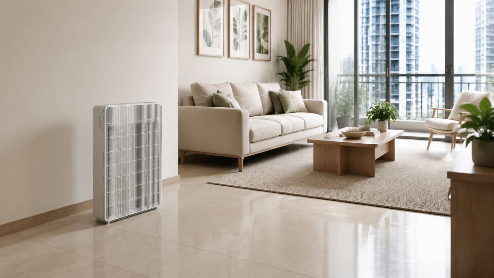 Air purifier placed with open space around it in a Malaysian condo living room